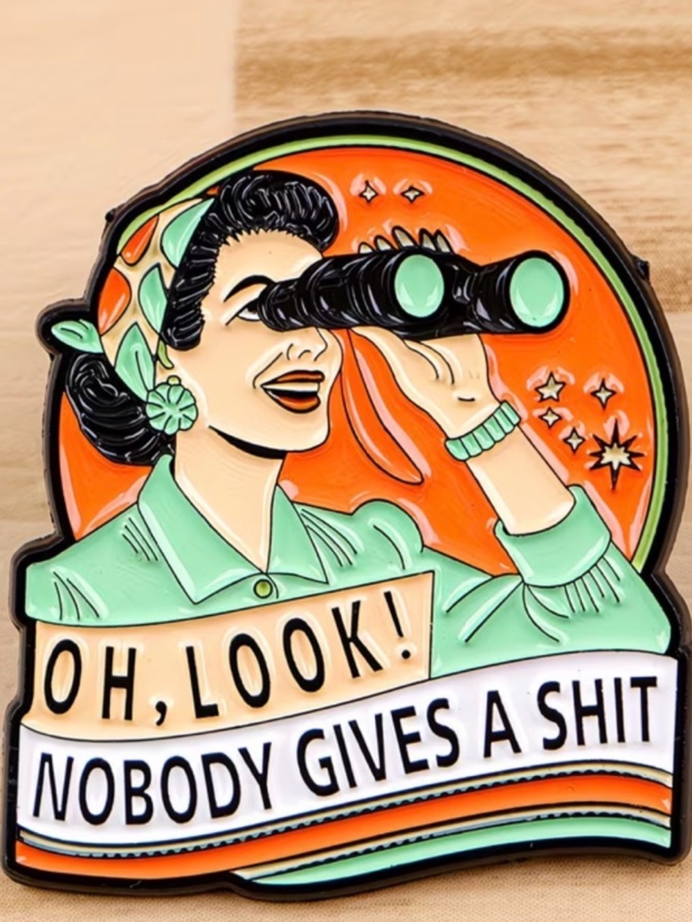 Retro Enamel Pin - Teal & Coral 'Oh, Look! Nobody Gives A Shit' NEW